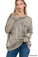 ACID WASH RAW EDGE FRONT POCKET PULLOVER WITH POCKETS