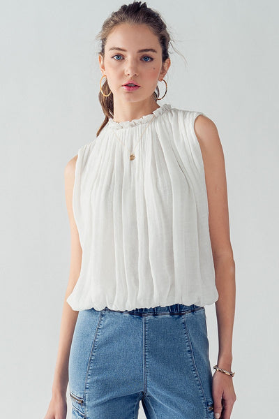 HAILEE PLEATED RUFFLE MOCK NECK BLOUSE-WHITE