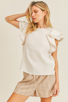 FLUTTER SLEEVE TEXTURE WOVEN TOP-CREAM