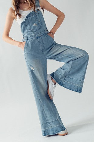 DISTRESSED WIDE LEG FLARE DENIM OVERALLS